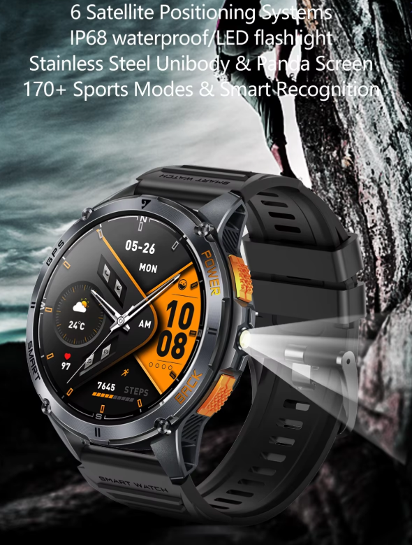 Smartwatch K67A | AMOLED 1.43" | GPS, IP68, Linterna | Llamadas BT | Negro/Naranja
