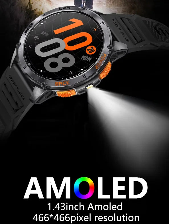 Smartwatch K67A | AMOLED 1.43" | GPS, IP68, Linterna | Llamadas BT | Negro/Naranja