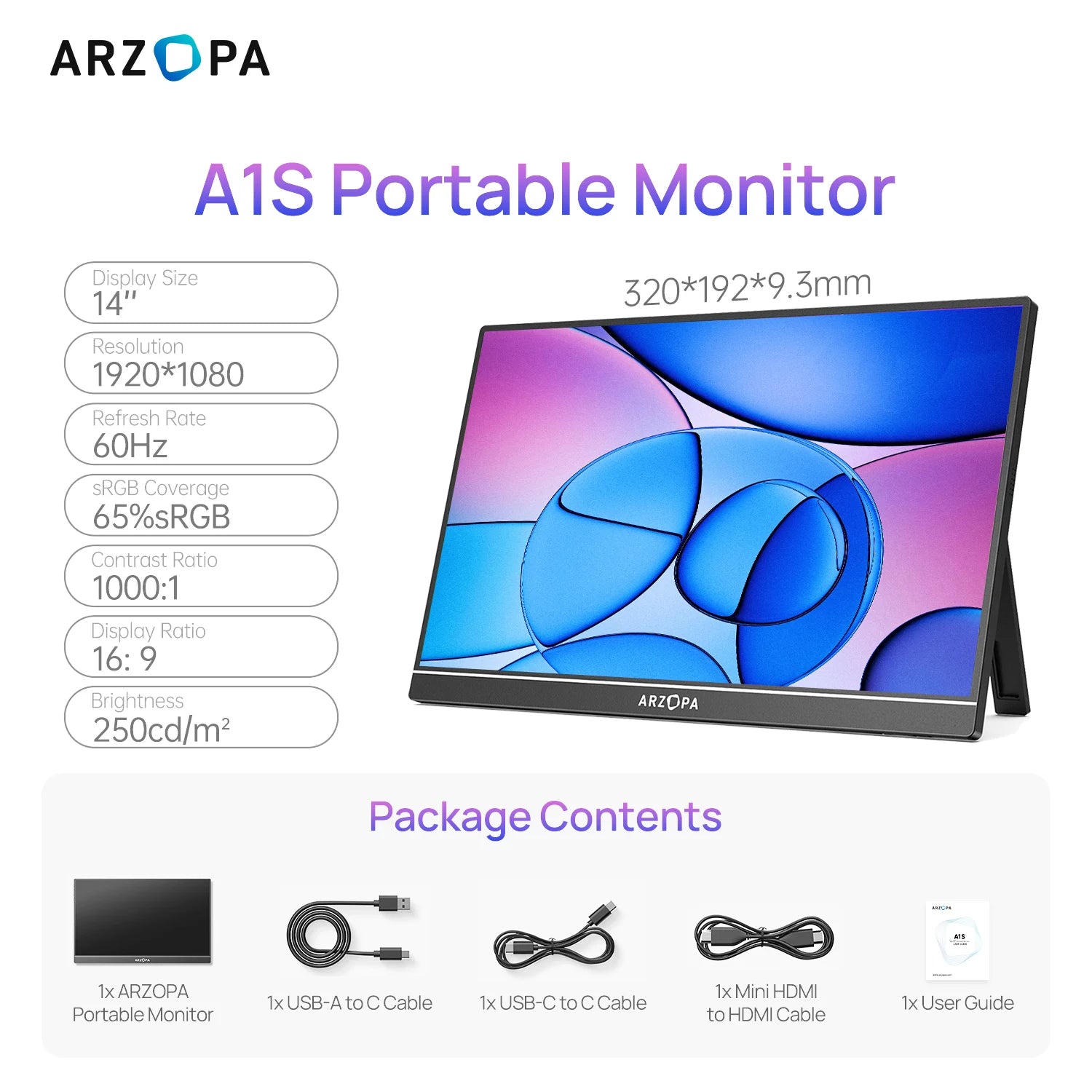 Monitor Portátil ARZOPA A1S 14" | 1080P FHD IPS | USB-C & HDMI | Mac/PC/Switch/PS/Xbox