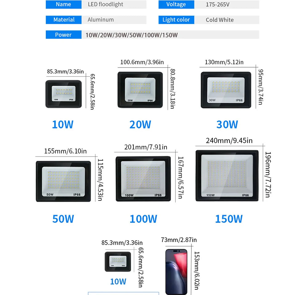 Foco LED Reflector Exterior | 10W-150W | AC 220V | IP66 | Jardín y Calle | Blanco Frío/Cálido