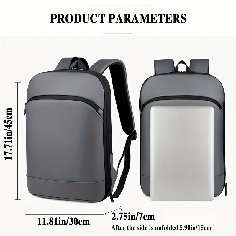 One men's plain business backpack with a luggage strap for commuting.