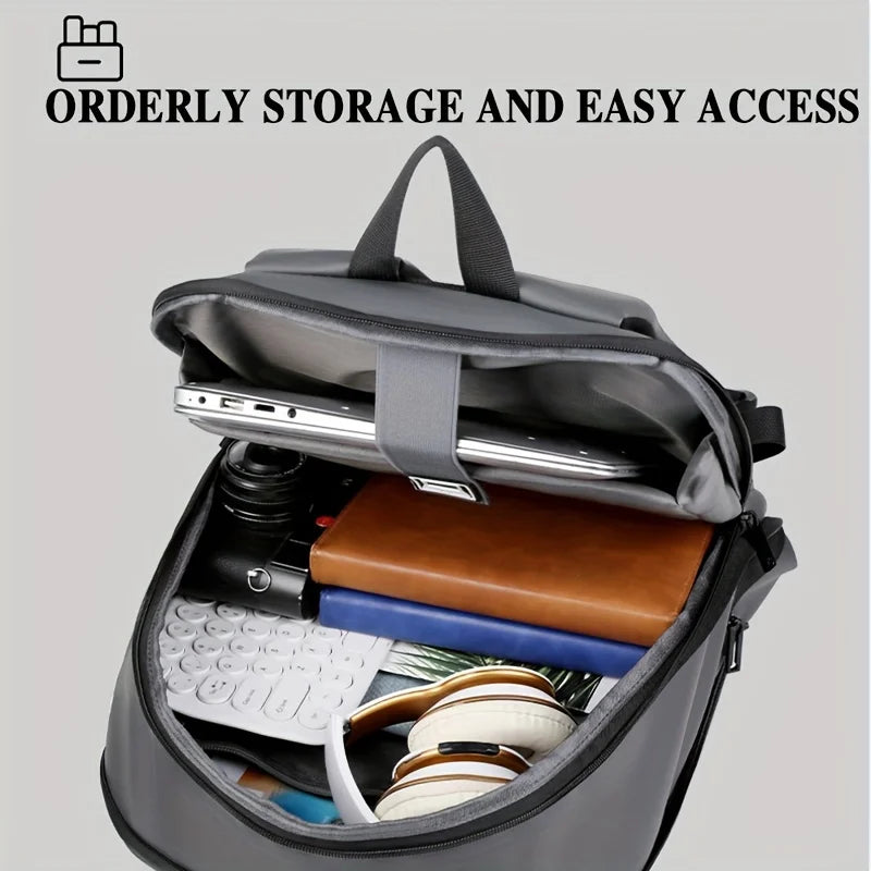 One men's plain business backpack with a luggage strap for commuting.