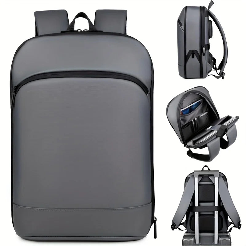 One men's plain business backpack with a luggage strap for commuting.