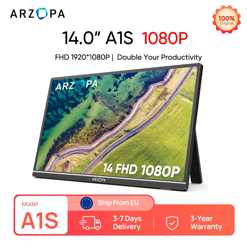 Monitor Portátil ARZOPA A1S 14" | 1080P FHD IPS | USB-C & HDMI | Mac/PC/Switch/PS/Xbox